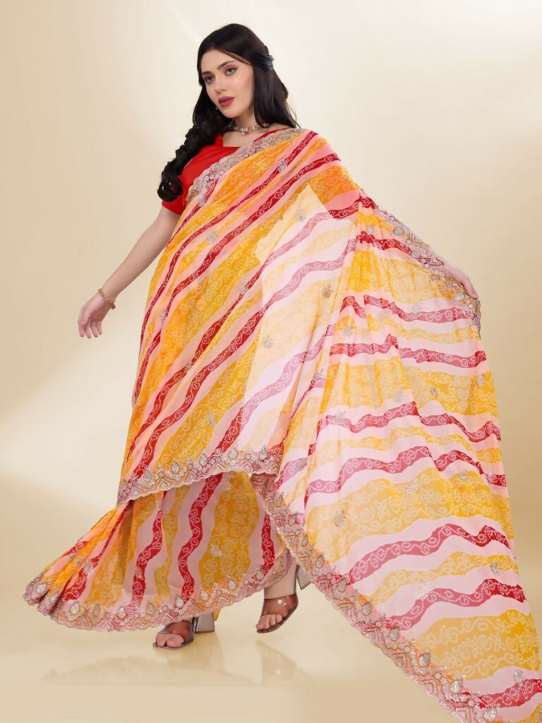 Yellow Georgette Bandhani Printed,Embroidery Work Saree - Bandhan