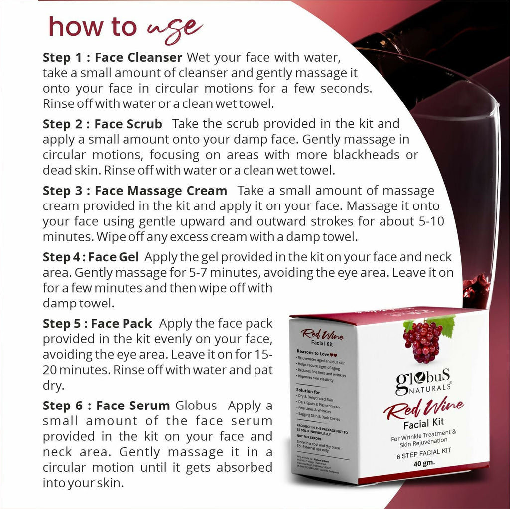 Globus Naturals Anti-Ageing Red Wine 6 Step Facial Kit - Distacart