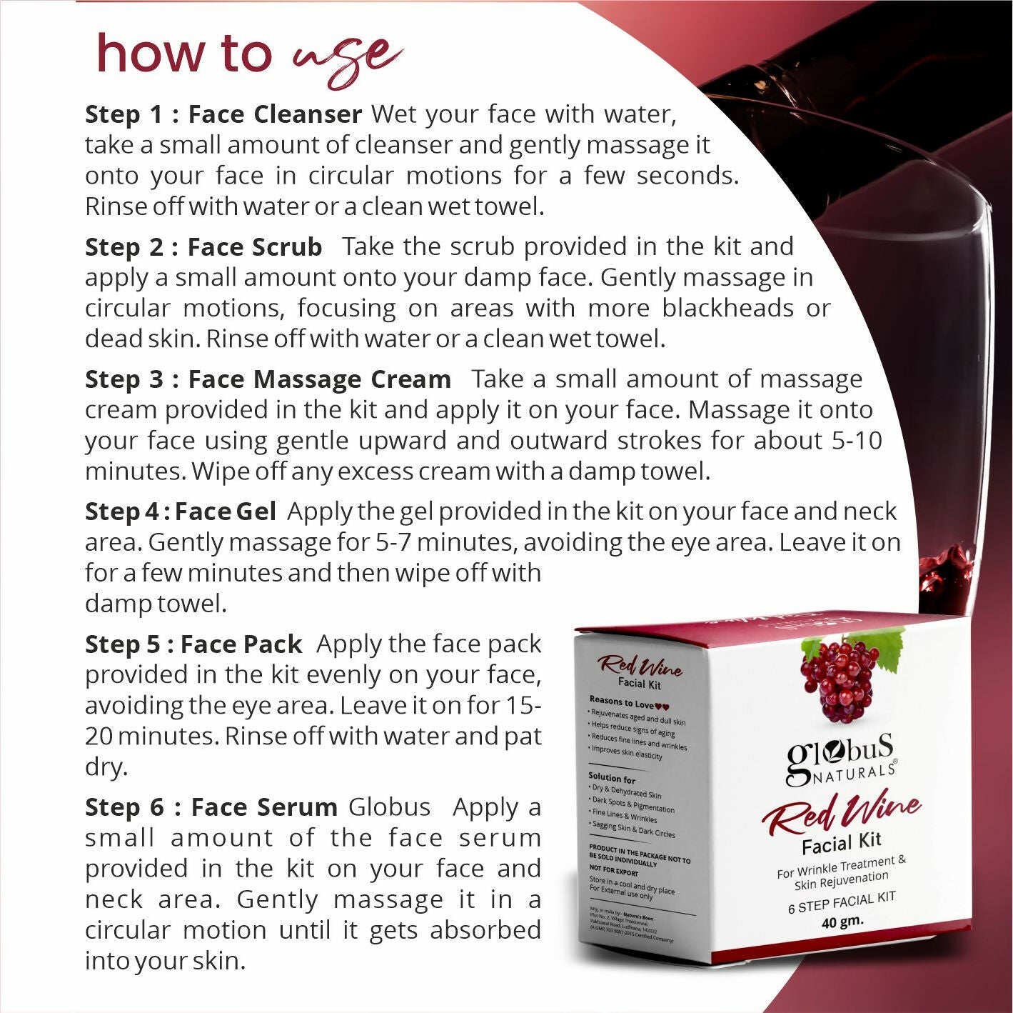 Globus Naturals Anti-Ageing Red Wine 6 Step Facial Kit - Distacart