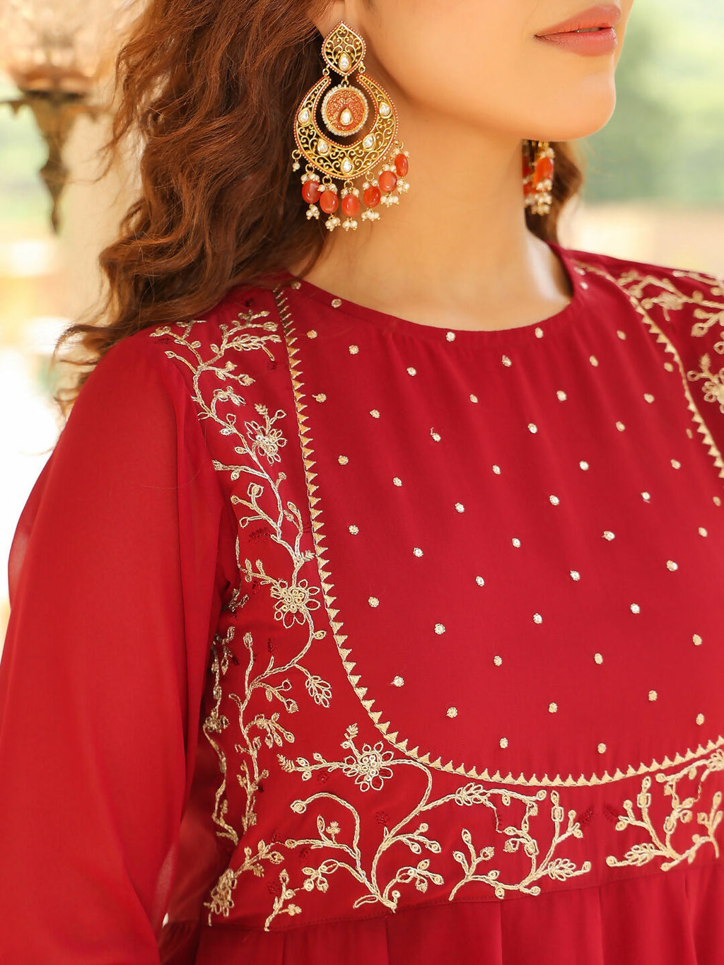 Janasya Maroon Georgette Embroidered Kurta,Bottom & Dupatta