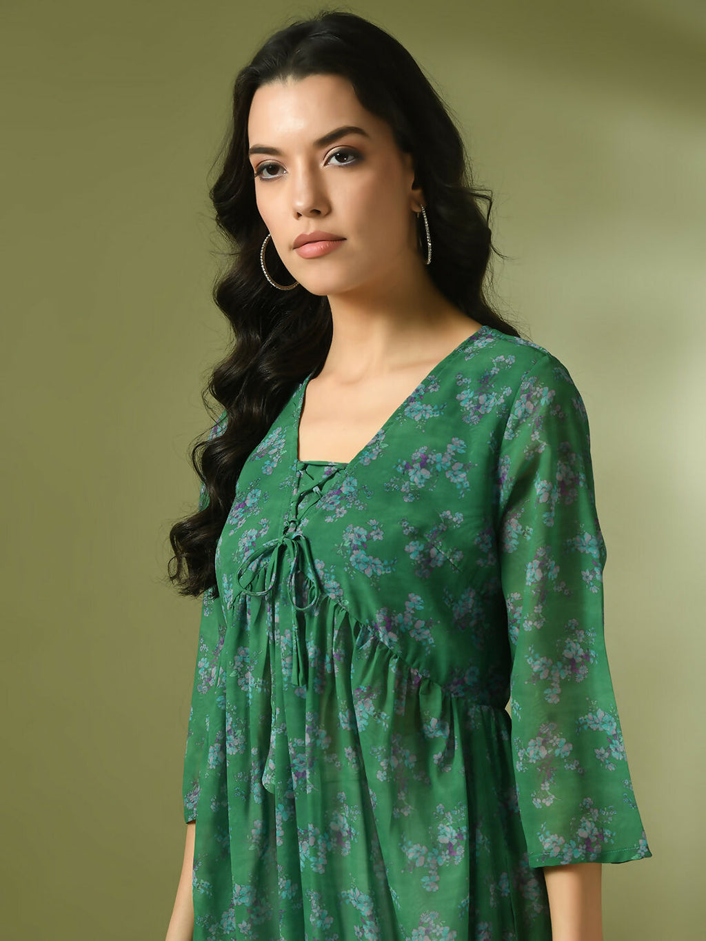 Myshka Women's Green Printed Georgette A-Line Nyra-cut Kurta
