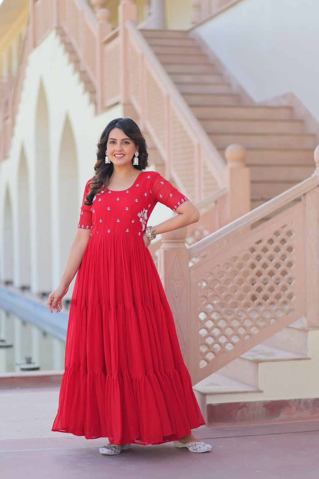 Joban Fashion Red Georgette Sequence Embroidery Work Gown - Distacart