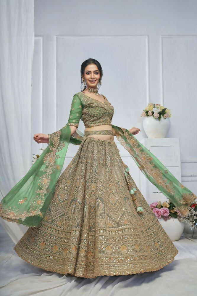 Kesar Fab Green Net Embroidered Lehenga