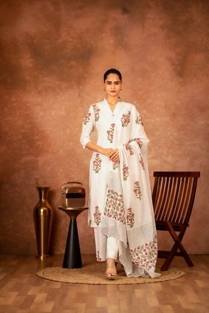 Joban Fashion Off White Pink Hand Block Printed Cotton Suit Set - Distacart
