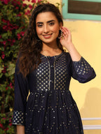 Juniper Women's Navy Festive Embroidered Flared Dress - Distacart