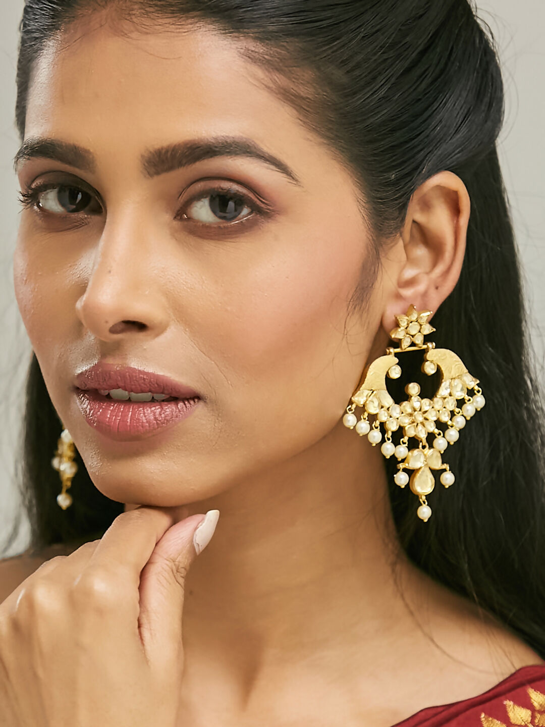 Nuyug 22K Gold-Plated Kundan and Pearl Earrings with Floral Stud and Intricate Crescent Design Chandbalis - Distacart