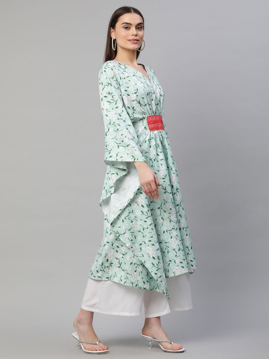 Ahalyaa Women Light Green Rayon Printed Flared Sleeve Kaftan Kurta - Distacart