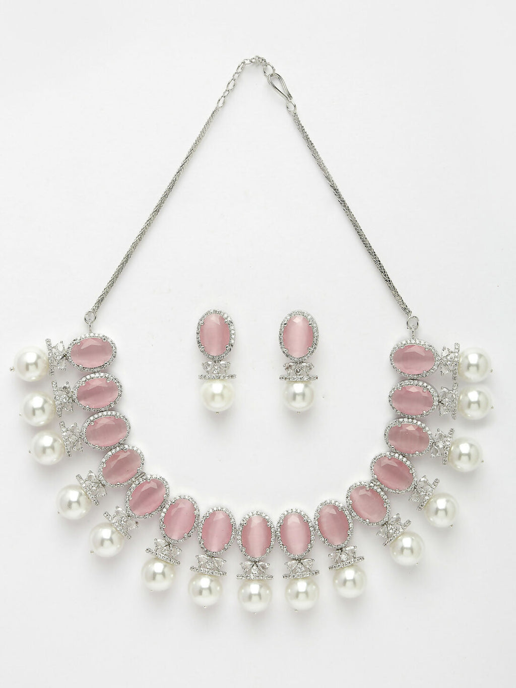 NVR Women's Silver-Plated Pink American Diamond Studded Handcrafted Jewellery Set