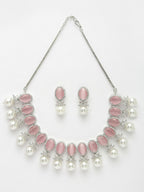 NVR Women's Silver-Plated Pink American Diamond Studded Handcrafted Jewellery Set