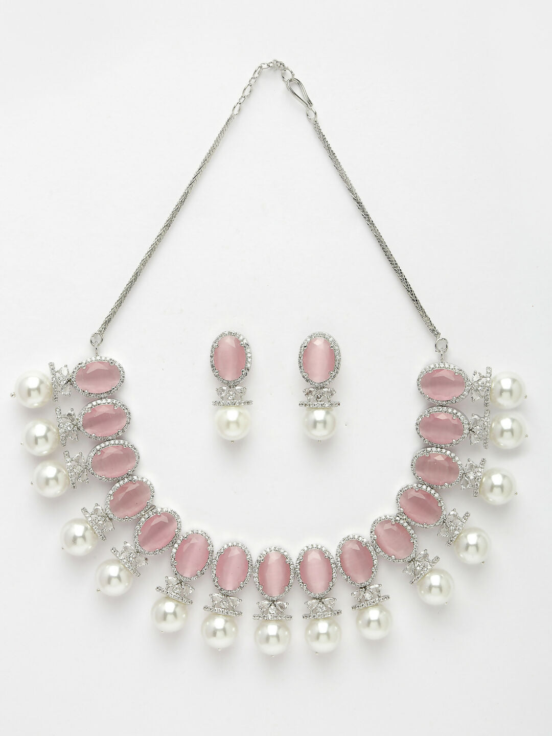 NVR Women's Silver-Plated Pink American Diamond Studded Handcrafted Jewellery Set