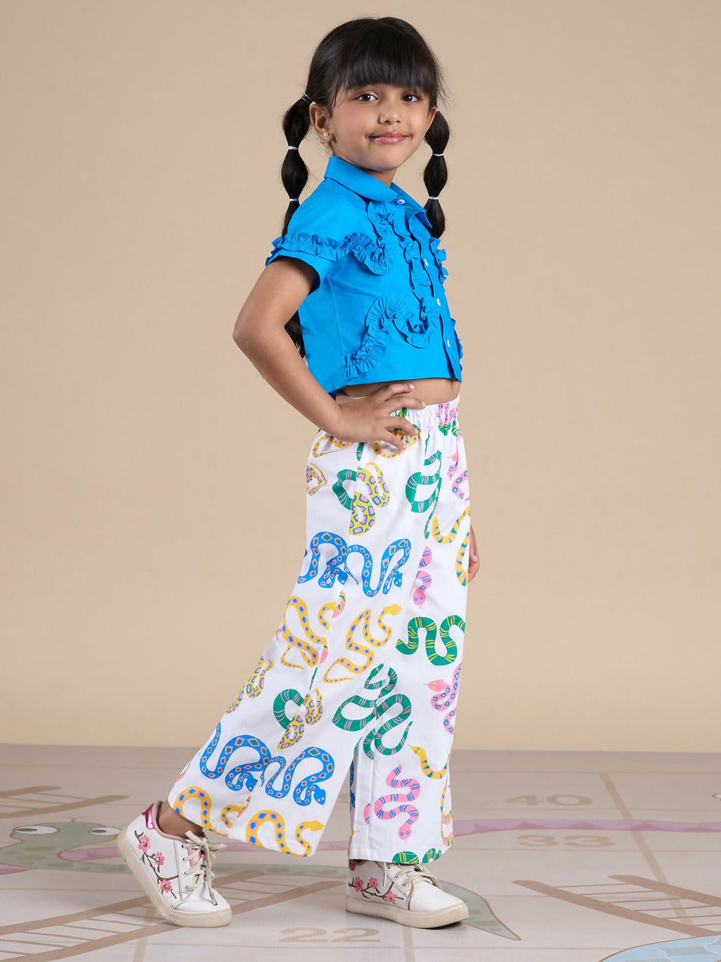 Snakes and Ladders Girls Blue Shirt and Multi Color Snake Print Pant Set from Siblings Collection
