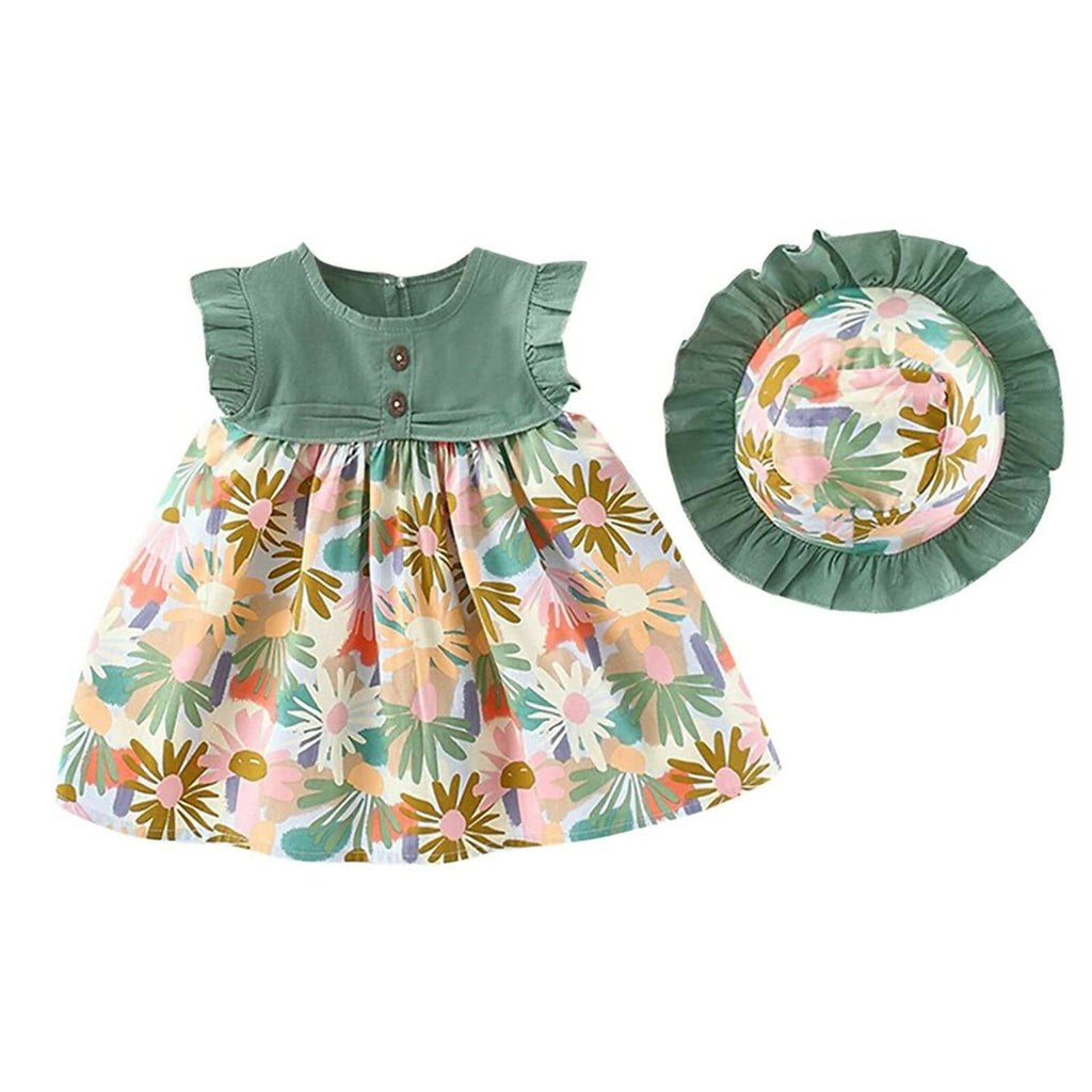 Bold N Elegant Cotton Floral Printed Ruffle Sleeve Princess Dress Frock With Fabric Hat Cap - Green