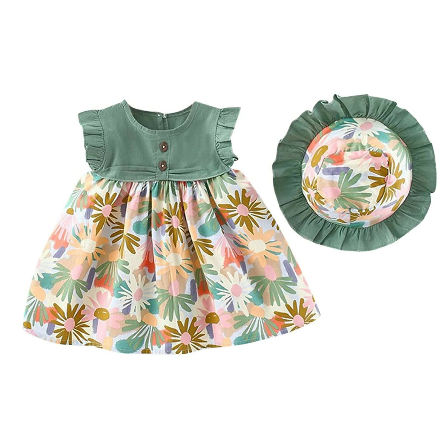 Bold N Elegant Cotton Floral Printed Ruffle Sleeve Princess Dress Frock With Fabric Hat Cap - Green