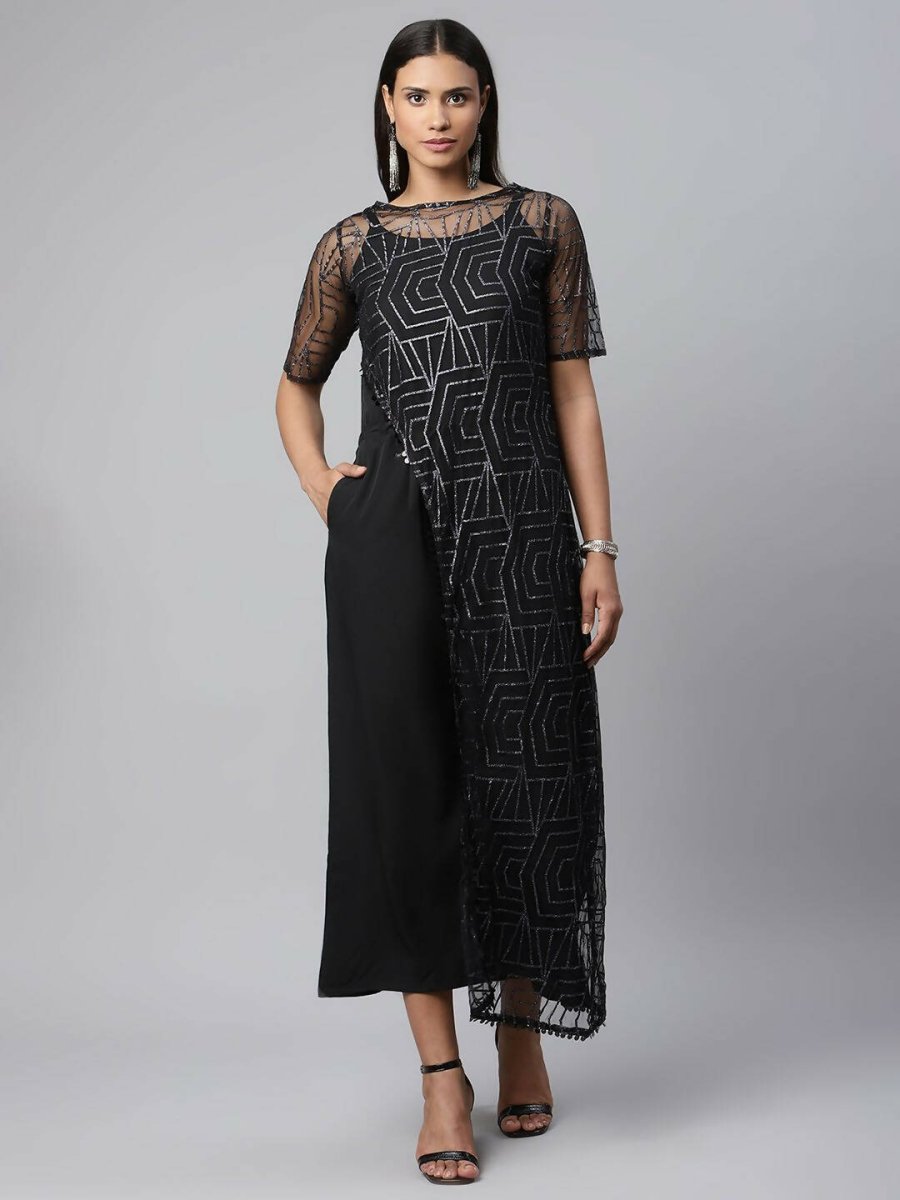 Ahalyaa Womens Black Crepe & Net Glitter Print Jumpsuit - Distacart