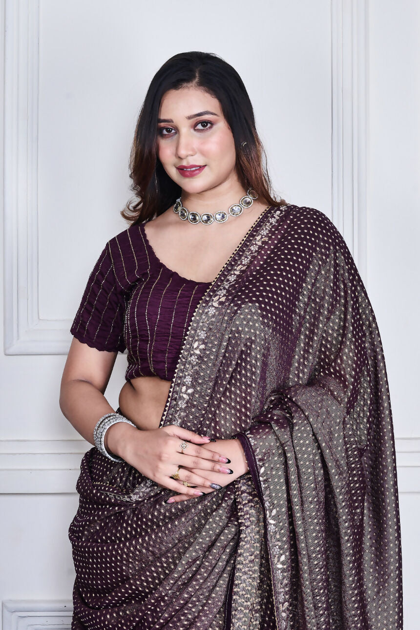 Morchari Purple Pure Chiffon Hand Embroidery Saree And Stitched Blouse - Distacart