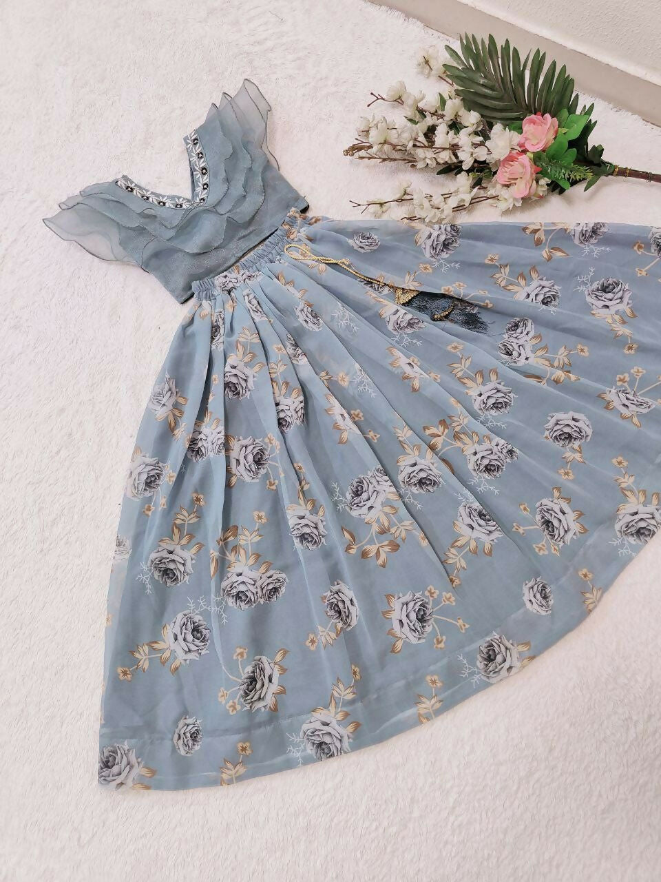 Jyoti Fashion Charming Grey Faux Georgette Digital Printed with Fancy Latkan Work Kids Lehenga Choli Set