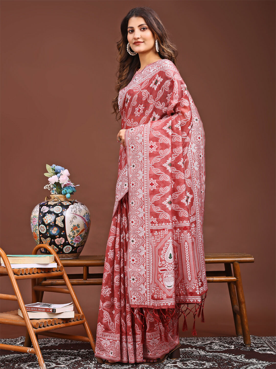 Shree Shyam Fashion Pankhuri Peach Linen Cotton Saree