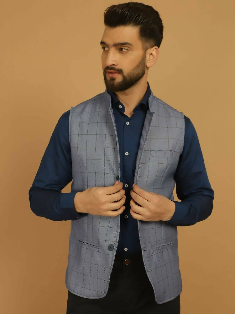 Even Apparels Nehru Jacket With Welt Pockets - Blue