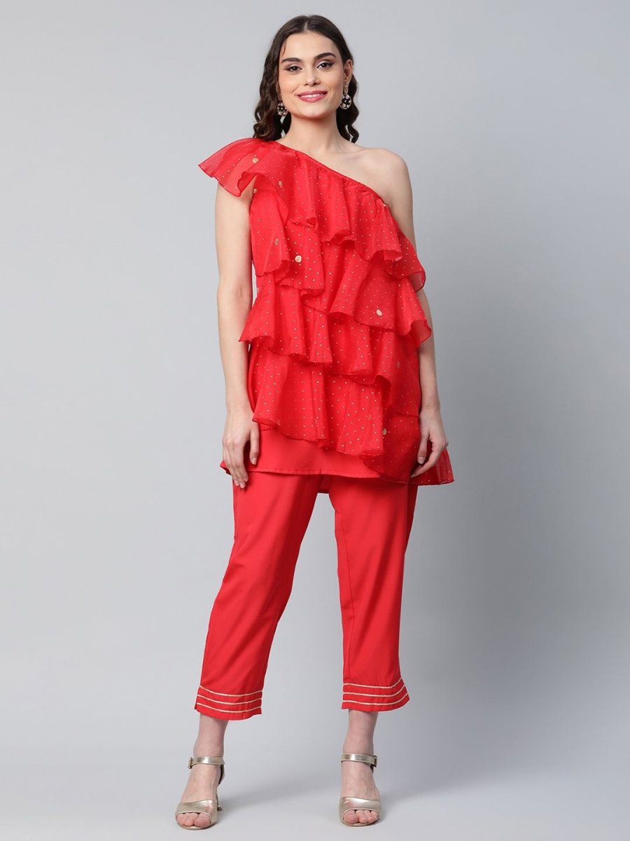 Ahalyaa Women Red Printed Layered Top with Trousers - Distacart