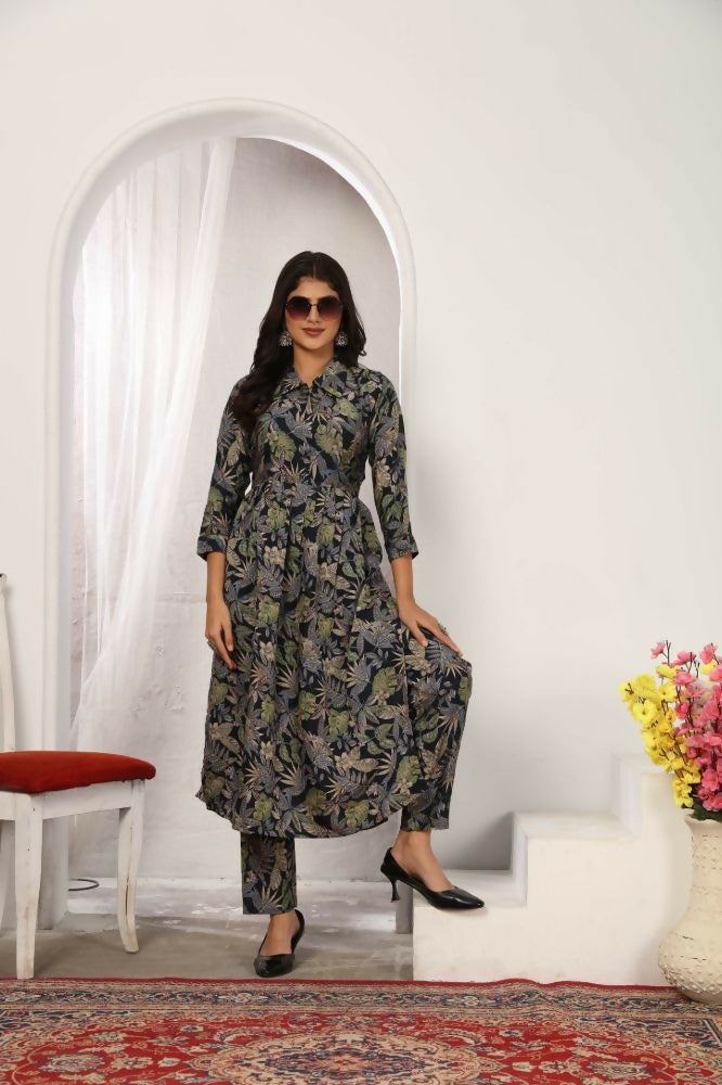 Jyoti Fashion Women's Black Chanderi Silk Floral Print with Side Pocket Kurtis & Sets