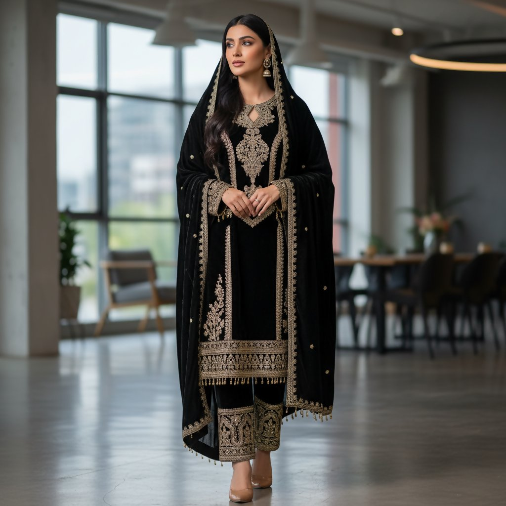 Joban Fashion Black Kurta Set Velvet Embroidery Sequence Work - Distacart