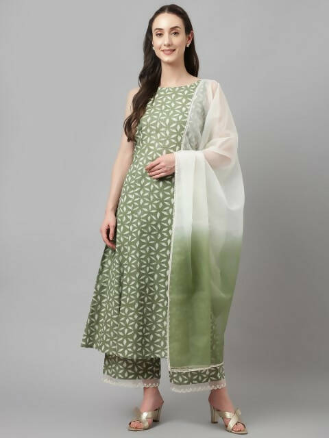 FIORRA Women's Green Lurex Cotton Flared Kurta Palazzo Set With Dupatta