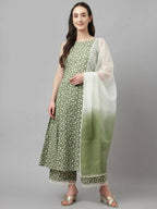 FIORRA Women's Green Lurex Cotton Flared Kurta Palazzo Set With Dupatta