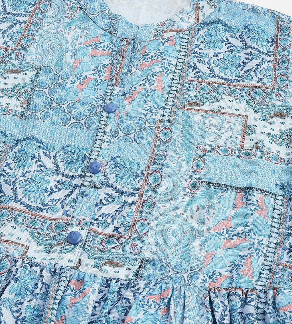 Light Blue Poly Rayon Digital Printed A-line Top - Tarini