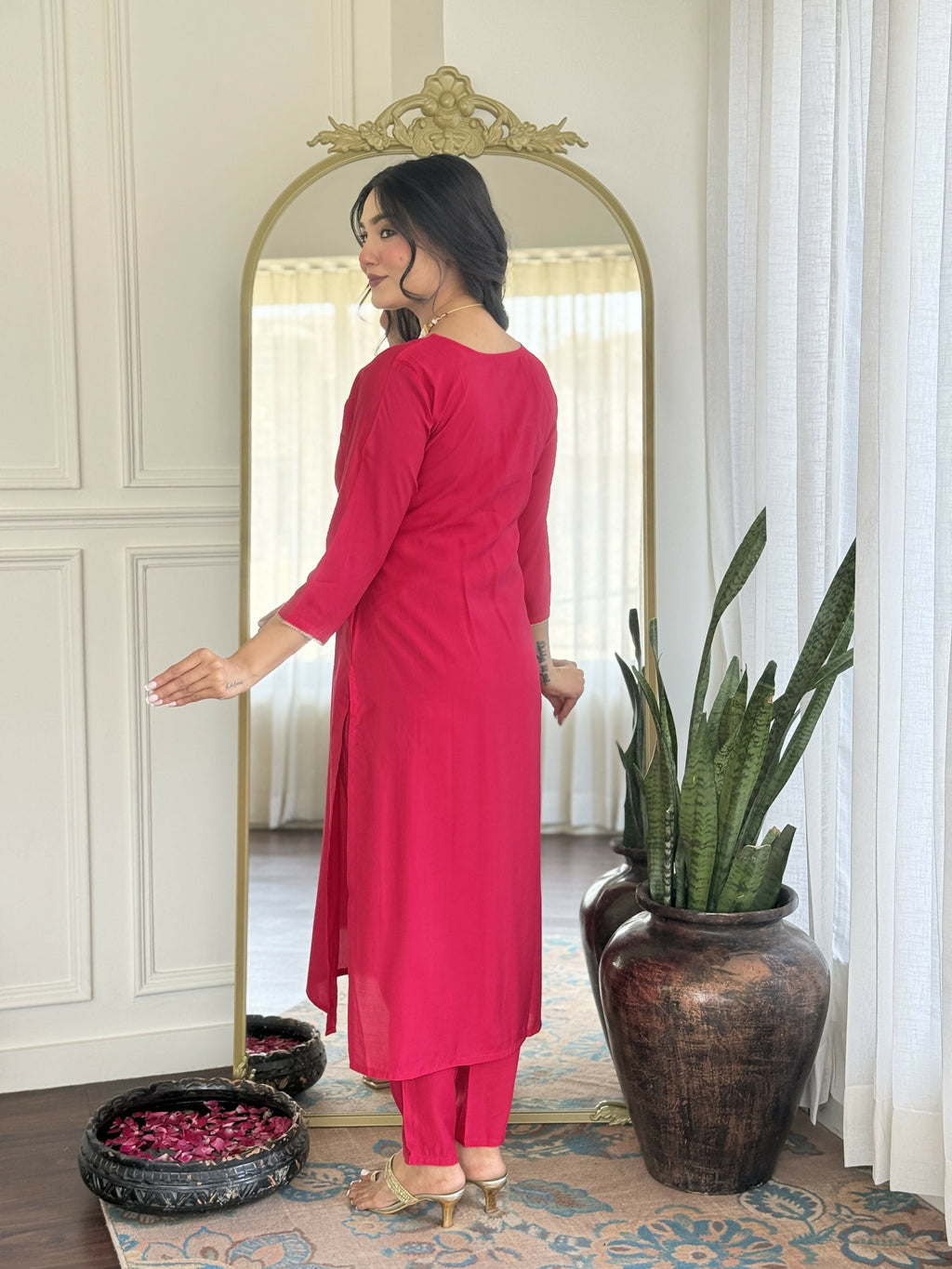The52 Rani Gorgeous Embroidered Chanderi Silk Fabric Straight Kurta Pant with Dupatta Set - Distacart