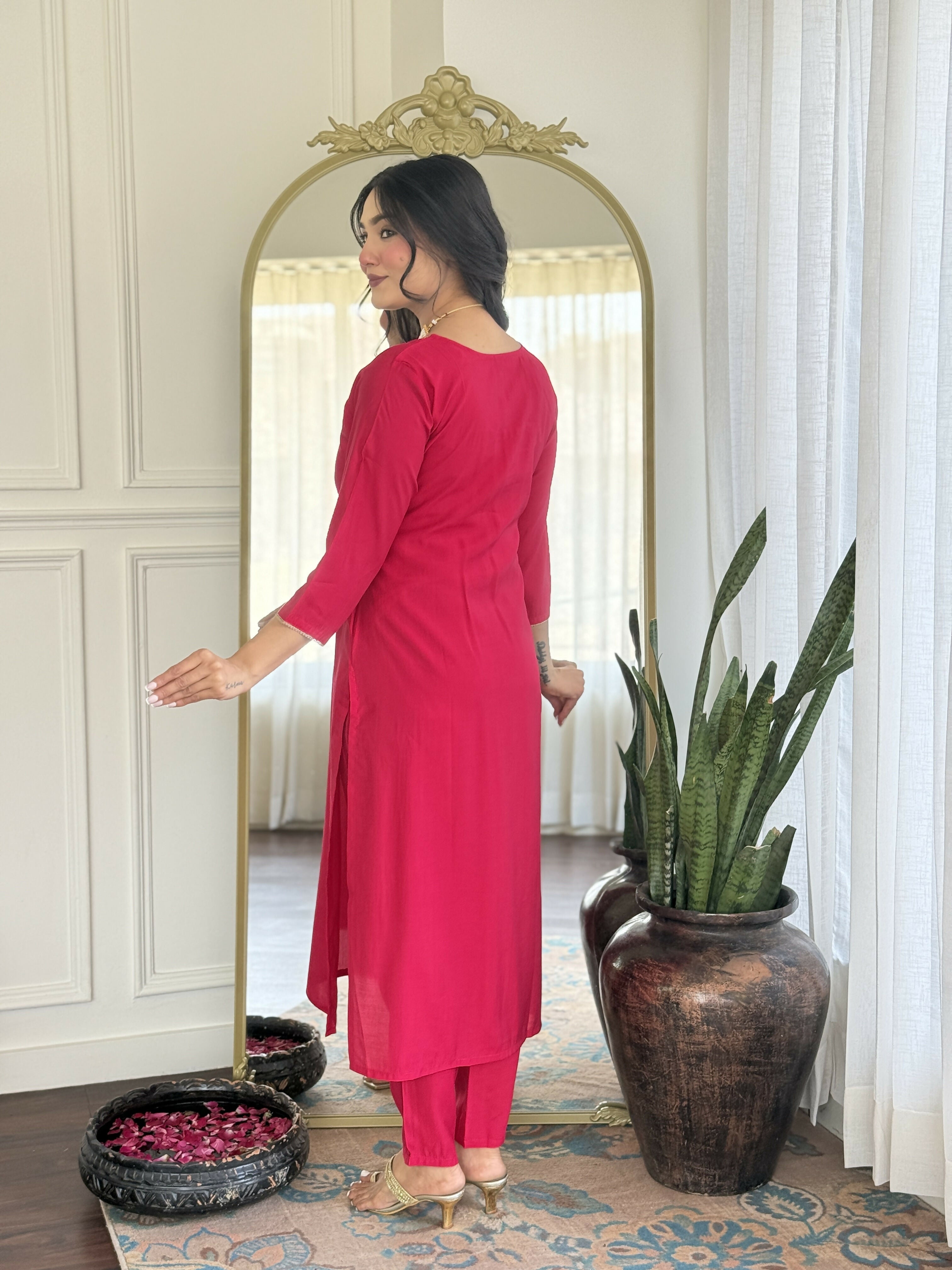 The52 Rani Gorgeous Embroidered Chanderi Silk Fabric Straight Kurta Pant with Dupatta Set - Distacart