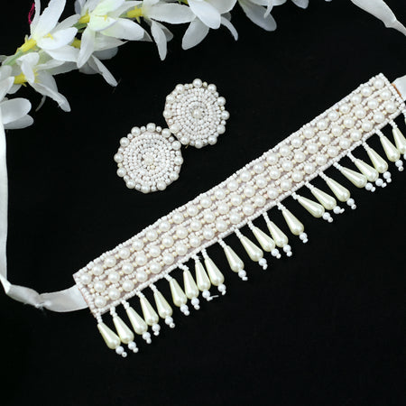 Mominos Fashion Johar Kamal Off White Handicraft Pearls Necklace with Earrings For Women