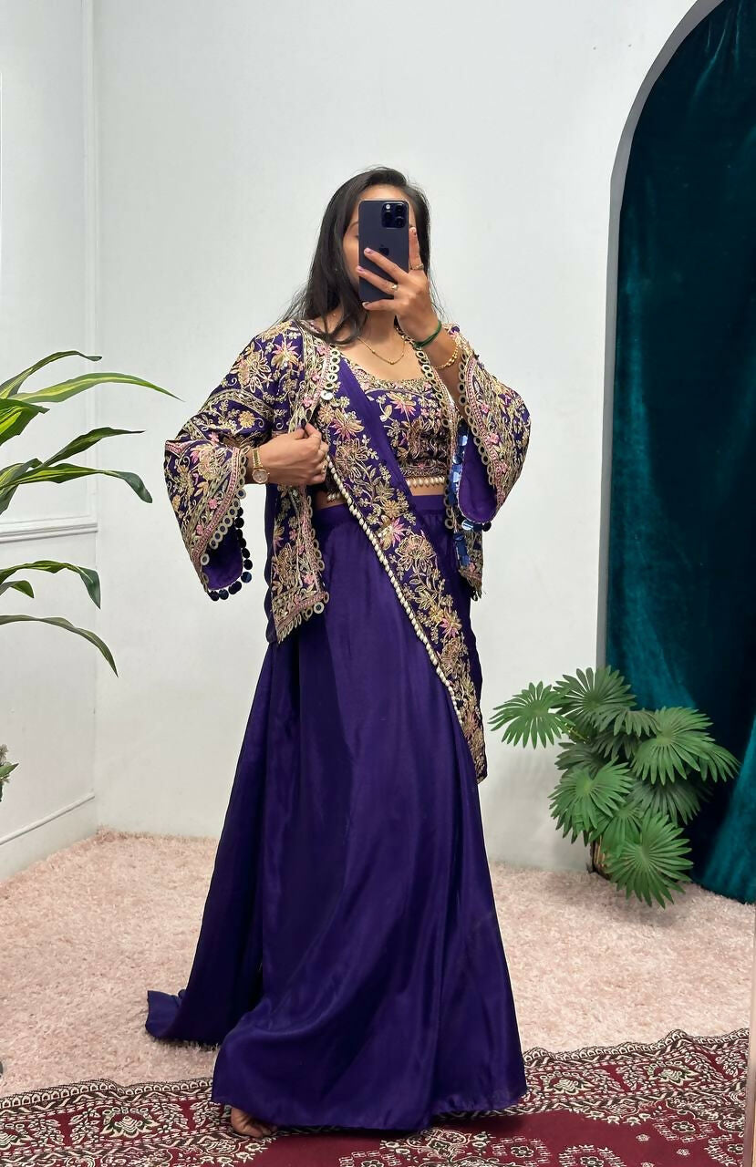 Teeya Creation Purple Color Chinon Silk Embroidery Work Ready To Wear Party Wear Saree With Koti - Distacart