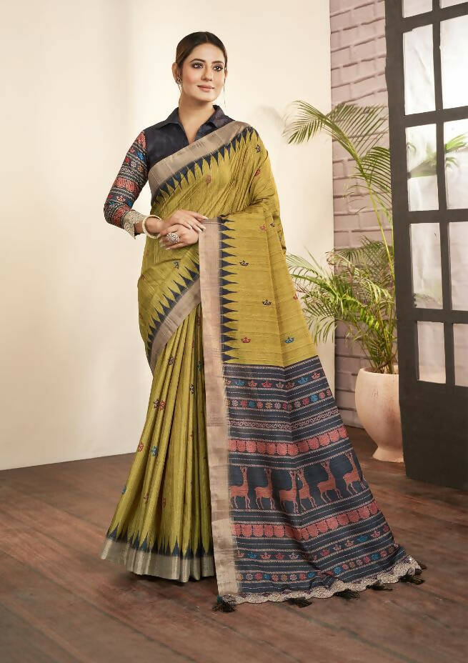 Olive Green Bhagalpuri Silk Paisley Print with Hand Mirror work Border Saree - Norita Nirvi