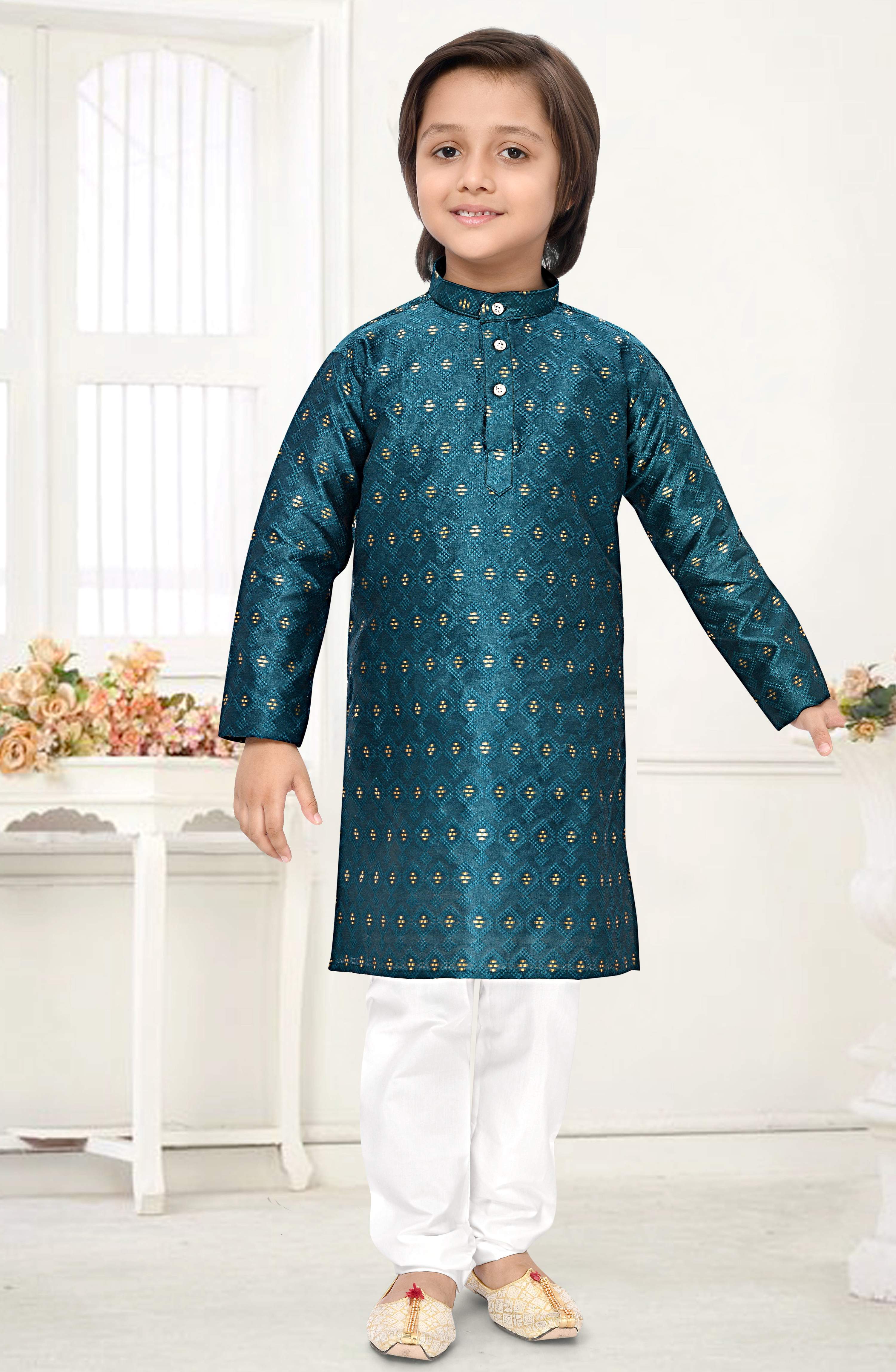 Neera Trendz Rama Jacquard Zari Work Kid's Kurta With Pyjama