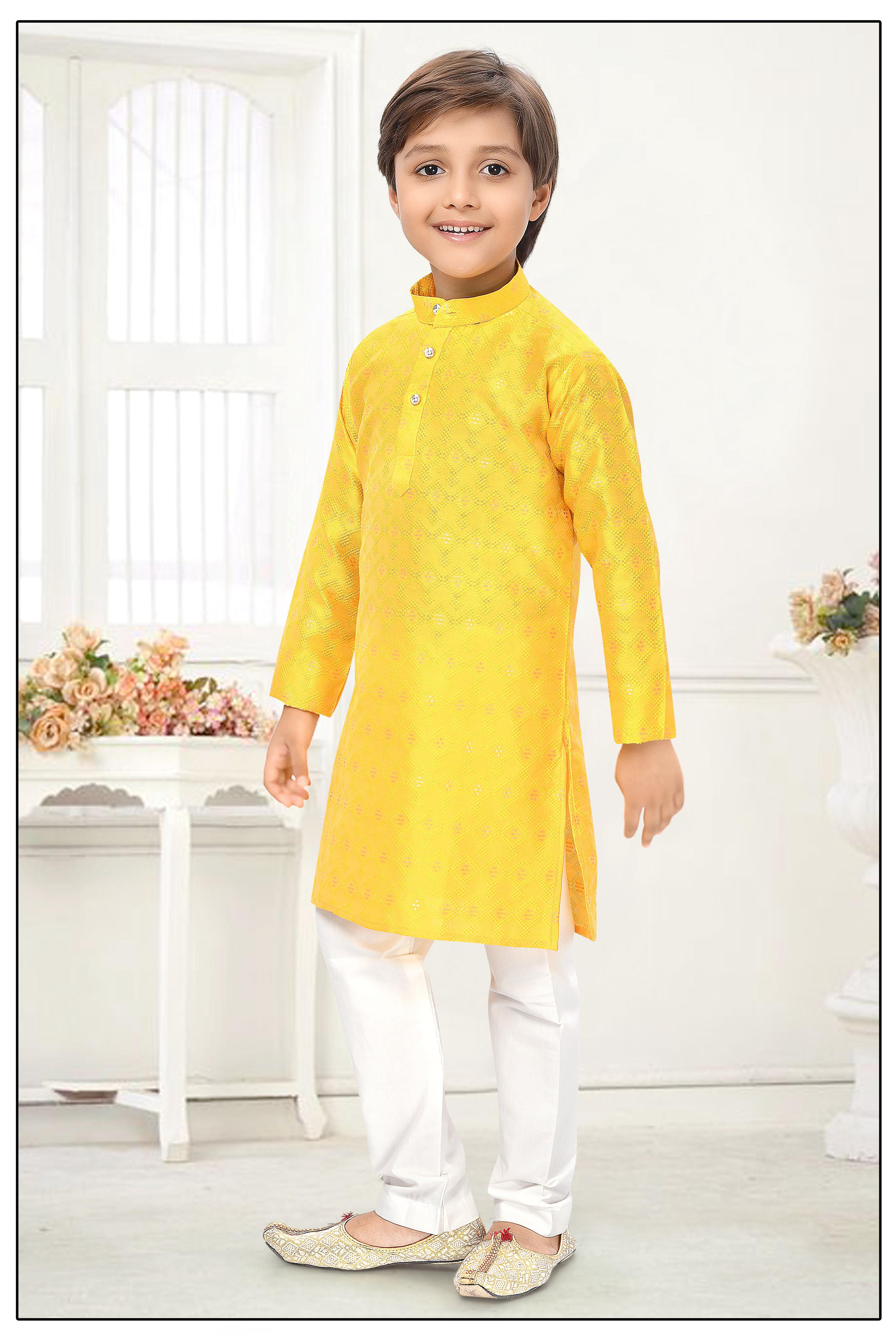 Neera Trendz Yellow Jacquard Zari Work Kid's Kurta With Pyjama