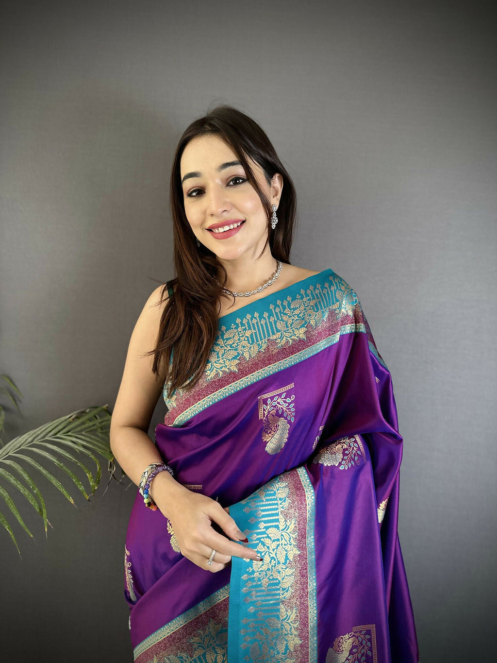 Joban Fashion Purple Banarasi Soft Silk Peacock Butta Work Saree - Distacart