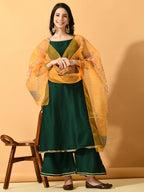 Myshka Women's Green Solid Party Kurta Sets