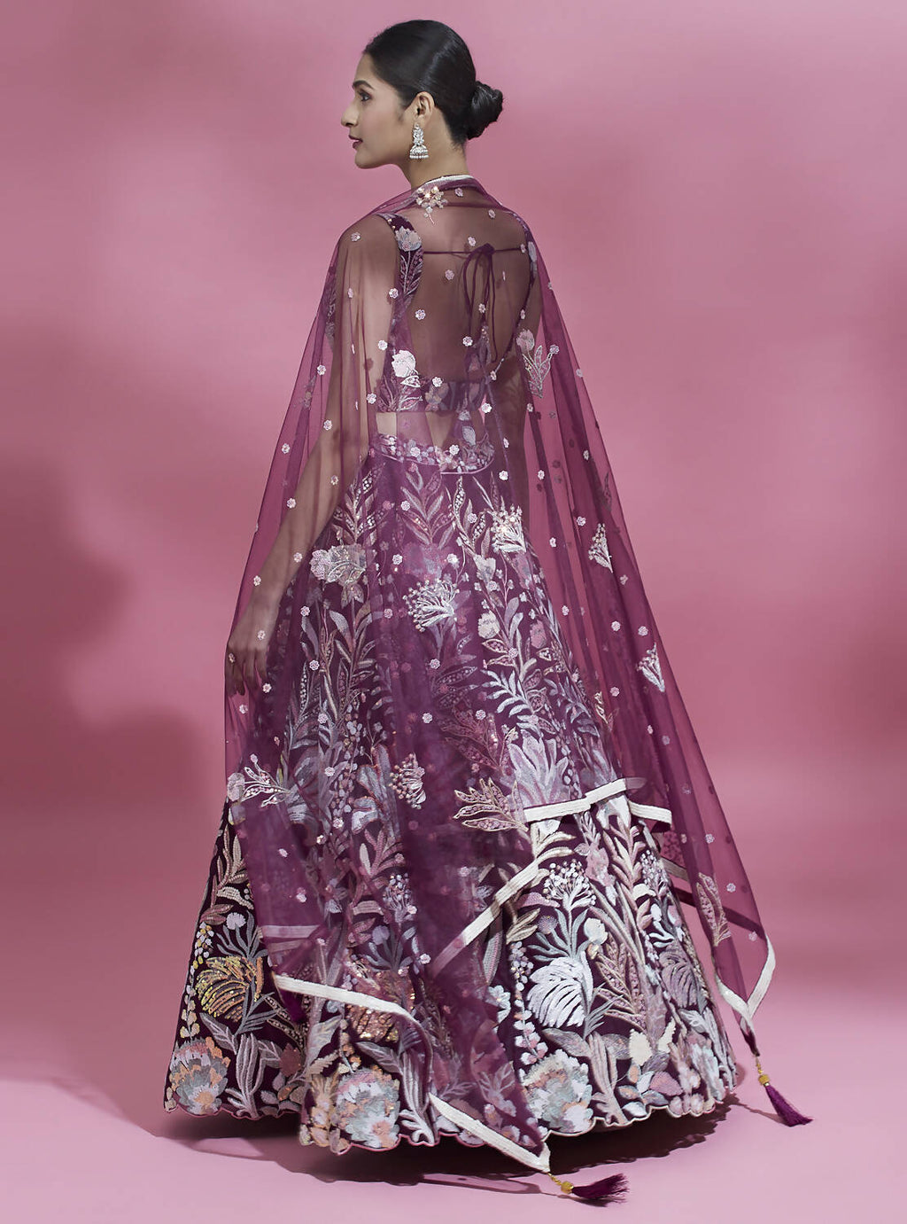 House of Panchhi Burgundy Net Sequinse Work Lehenga & Blouse with Dupatta