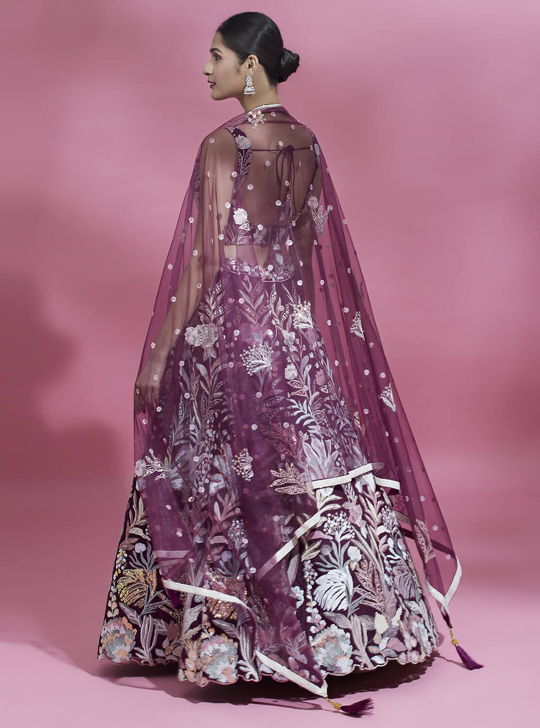 House of Panchhi Burgundy Net Sequinse Work Lehenga & Blouse with Dupatta