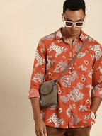 Orange Men Pure Cotton Relaxed Opaque Printed Casual Resort Shirt - Mahotsav