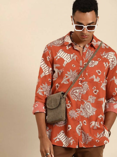 Orange Men Pure Cotton Relaxed Opaque Printed Casual Resort Shirt - Mahotsav