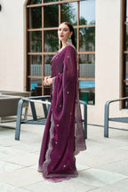Vastranavya Wine Embroidery Work Shimmer Chiffon Saree with Unstitched Blouse - Distacart