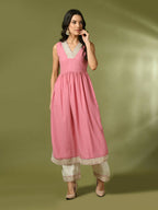 Myshka Women's Pink Solid Georgette Anarkali Party Kurta Set