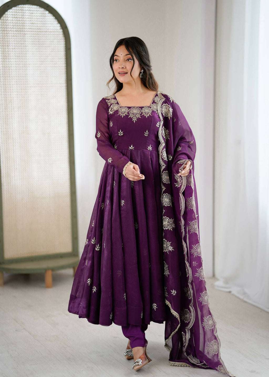 Teeya Creation Wine Color Crunchy Silk Embroidery Work Wedding Wear Gown - Distacart