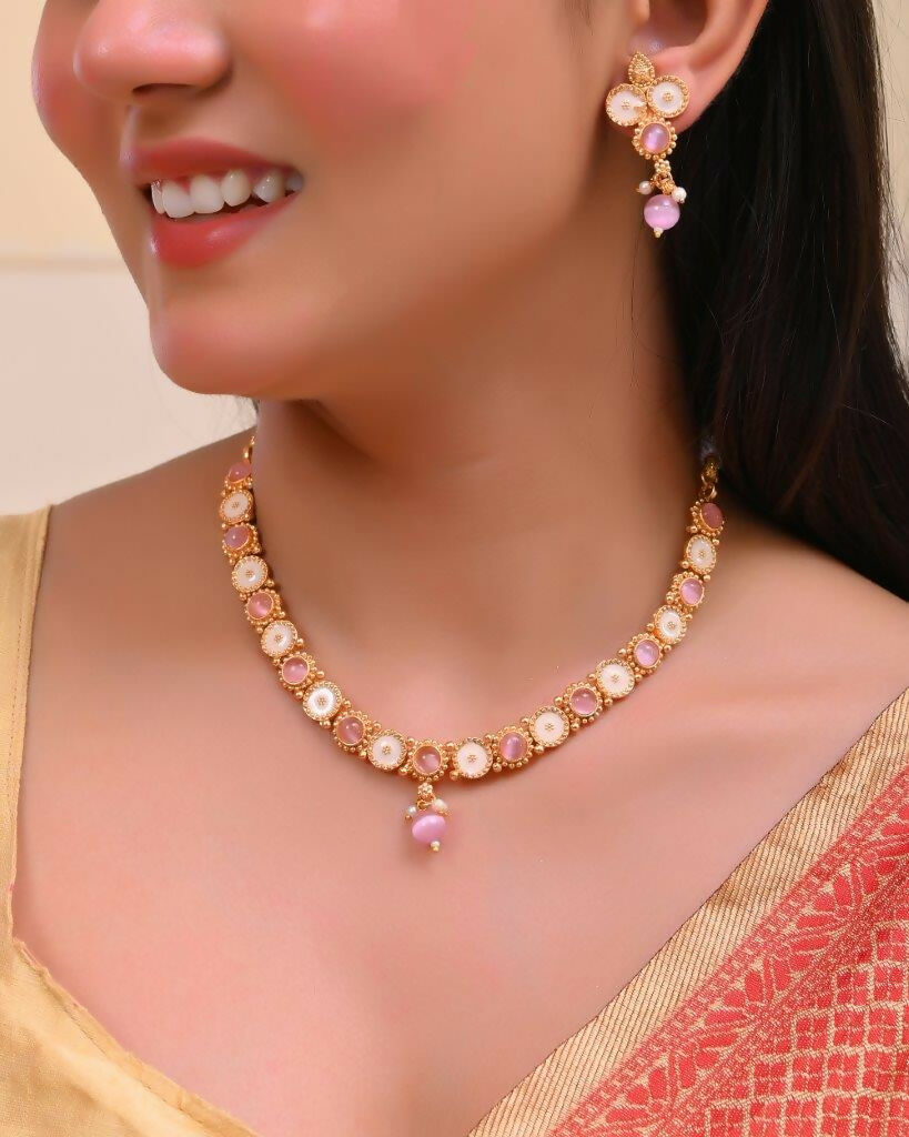 VOJ Gold Tone Pink Stone Studded Jewellery Set