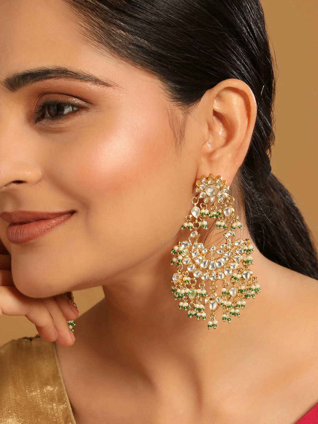 Nuyug 22K Gold-Plated Kundan & Pearl Studded Crescent Shaped Green Beads Chandbalis - Distacart
