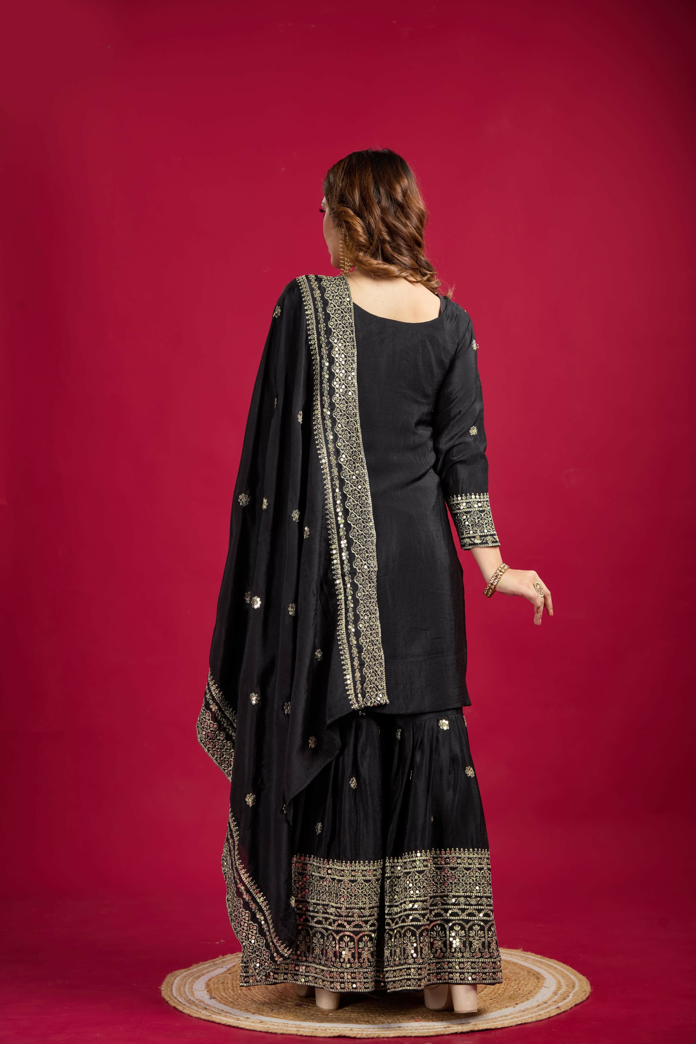 Joban Fashion Black Kurta Set Silk Sequins , Zari, Coding & Thread Embroidered work - Distacart