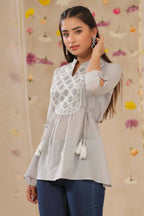 Juniper Women Grey Cotton Moss Embroidered A-Line Tunic - Distacart