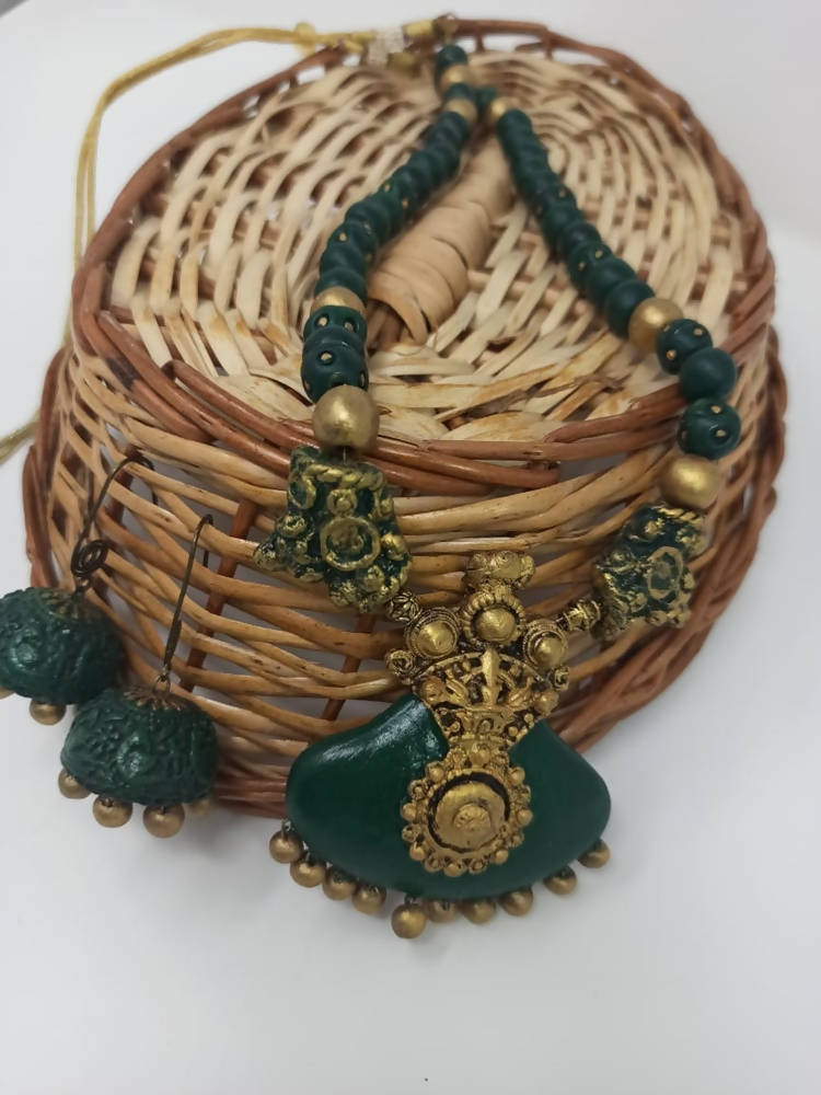 Terracotta Dark Green Crown Pendant Long Necklace Set Paired with Hanging Temple Jhumkas