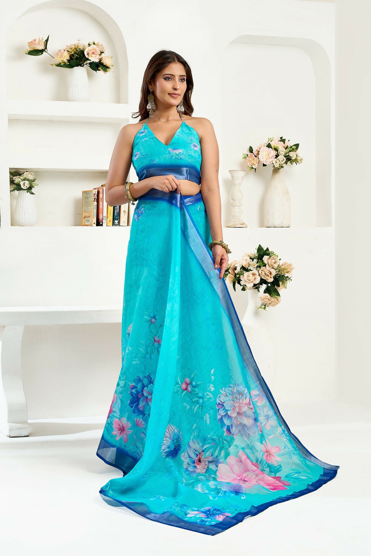 Joban Fashion Turquoise  Floral Linen Ready To Wear Saree With Unstitched Blouse - Distacart
